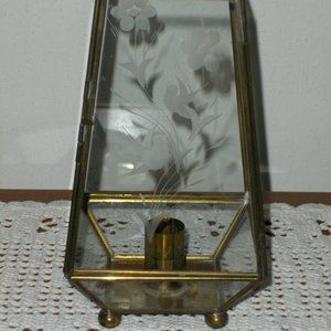 Vintage Brass & Glass Candle Display Case Footed with Floral & Bird Etching